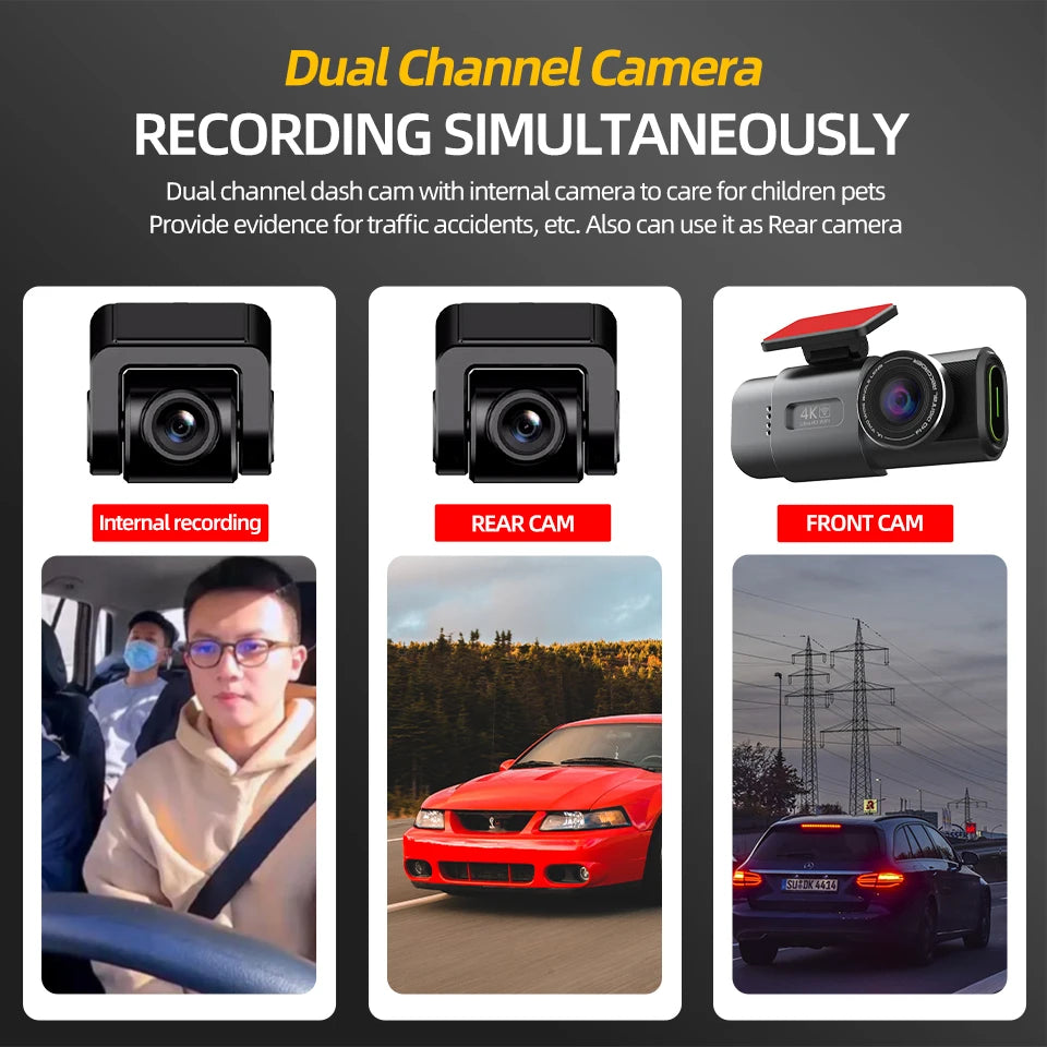 Dash Cam Dual Lens 4K UHD Recording Car Camera DVR Night Vision Video Recorder With GPS Wi-Fi Room Black Box Rear View Camera