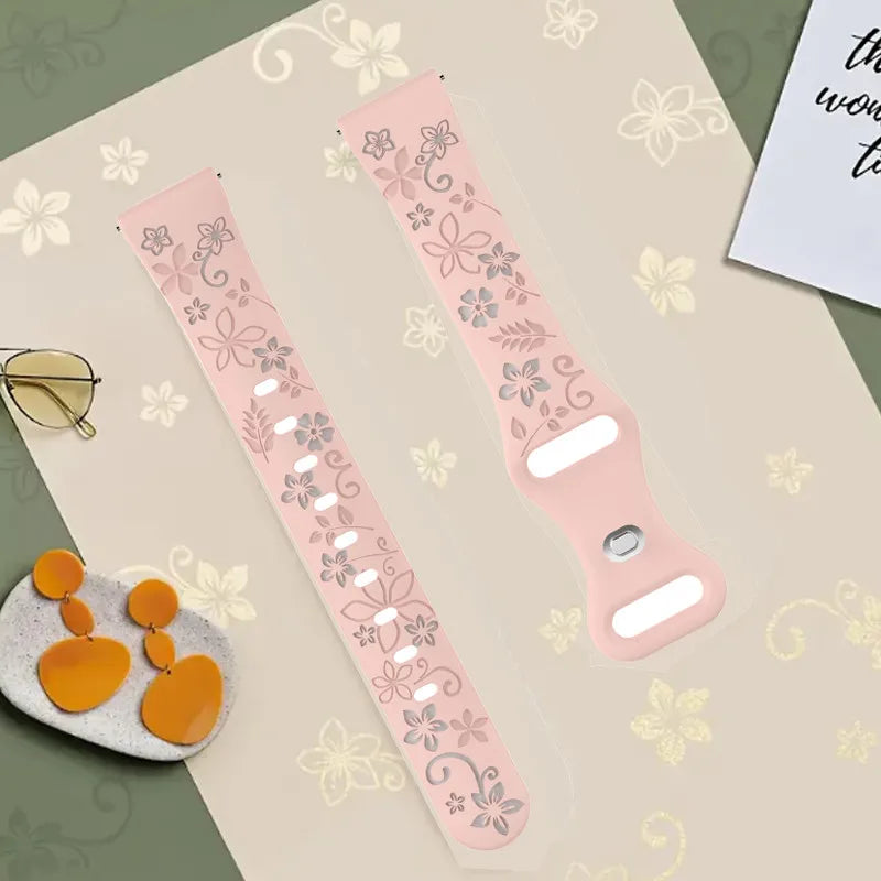 Two-color Flower Design Floral Engraved Silicone Strap 18/20/22mm, For Amazfit GTR, Huawei,Garmin Samsung Galaxy Watch 7 6 5 4