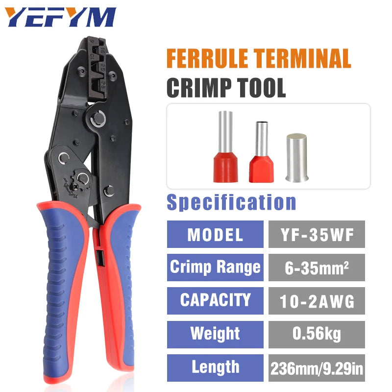 Crimping Tool for Sleeves Ferrule Terminals - Ratcheting Wire Crimpers - AWG 10-2 (6-35mm²) - Ratchet Terminal Crimper YF-35WF