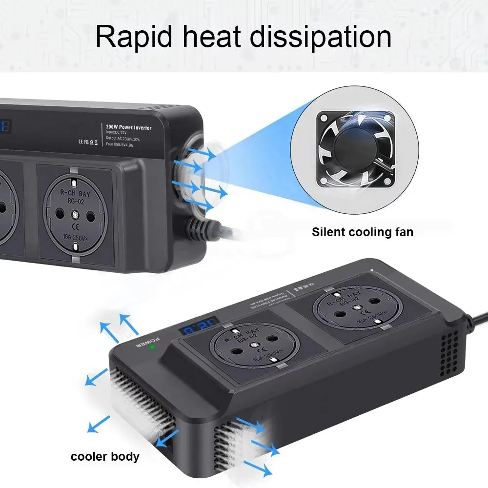 Car 200W Inverter DC To AC 12V to 220V 4 USB AC EU Socket Auto Mounted Inverter Accessories Cigarette Lighter 400W Peak Power