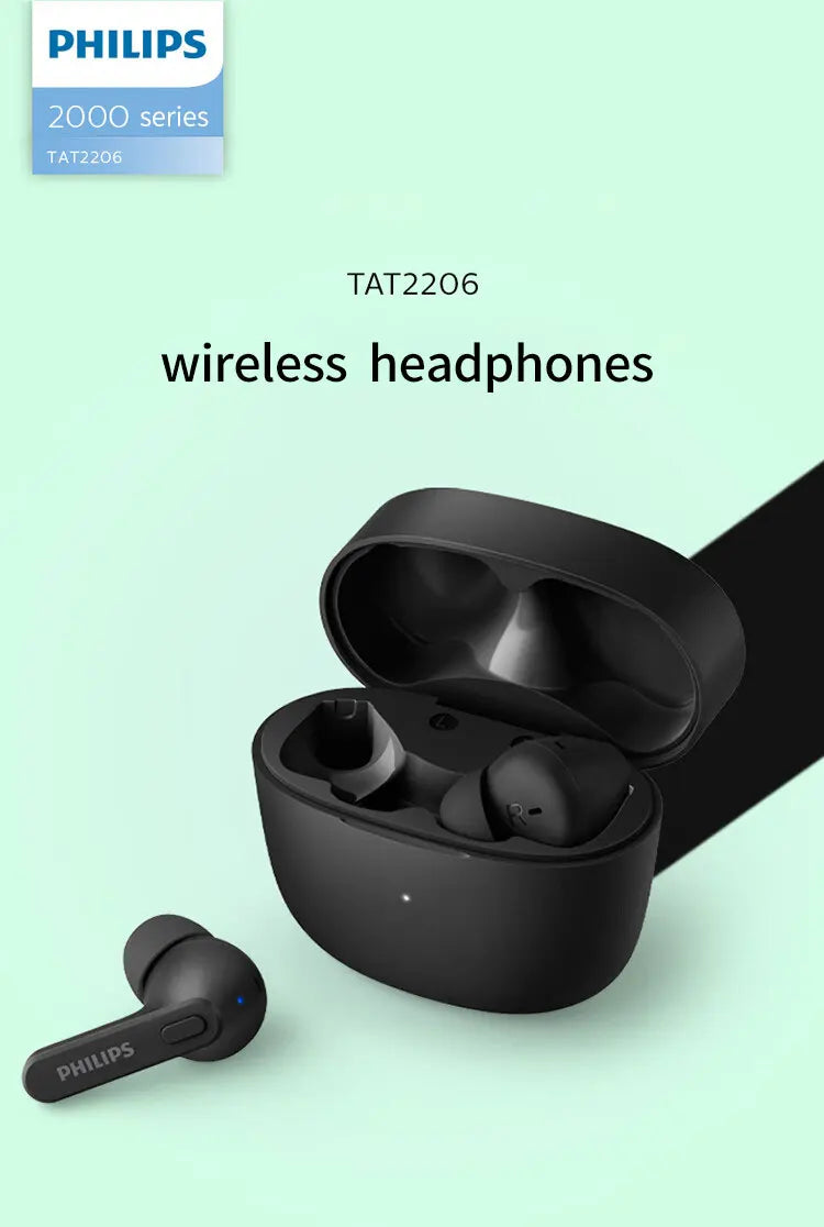 PHILIPS TAT2206 TWS Wireless Bluetooth Earphones Waterproof IPX4 SBC Sports Headset 500mAh Low Latency Gaming Headphone with Mic