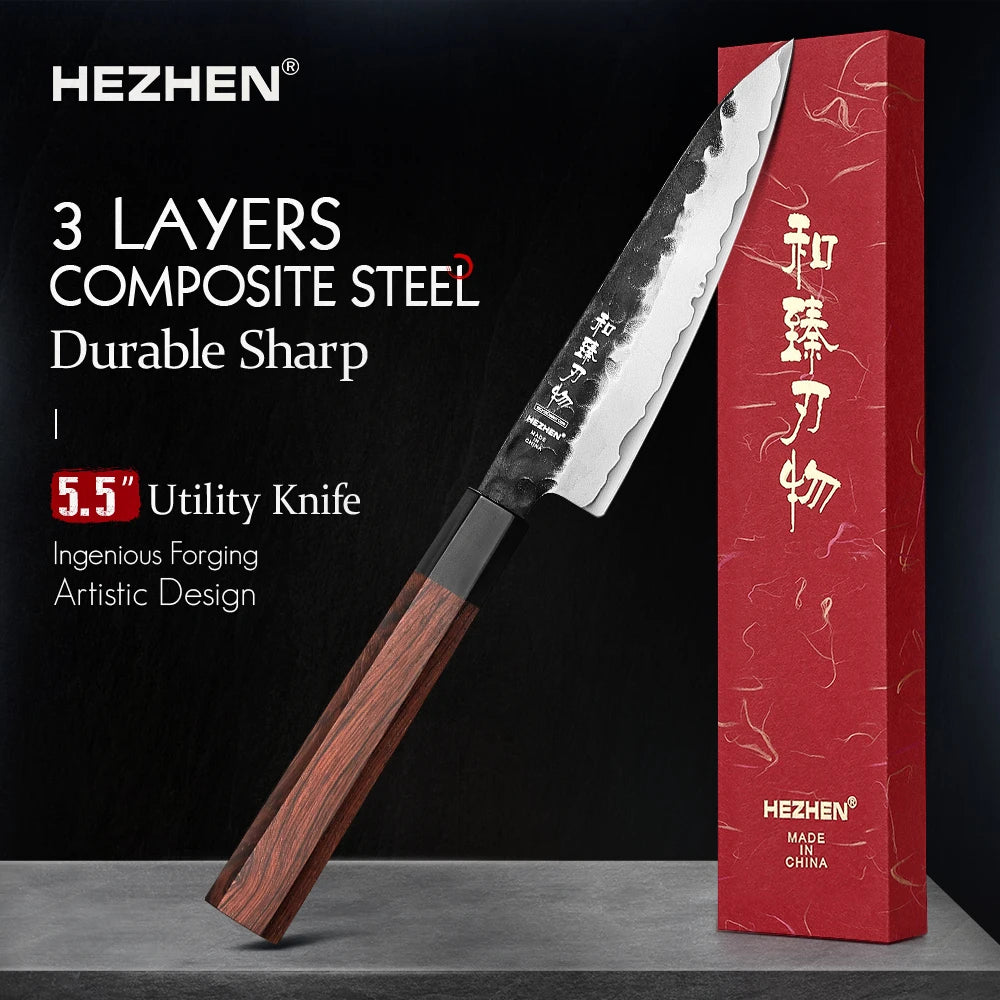HEZHEN 5.5 Inches Utility Knife Stainless Steel Kitchen Cooking Knives Rosewood Handle With Gift Box Three-layer Composite Steel