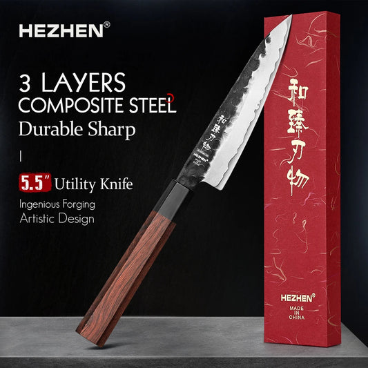 HEZHEN 5.5 Inches Utility Knife Stainless Steel Kitchen Cooking Knives Rosewood Handle With Gift Box Three-layer Composite Steel