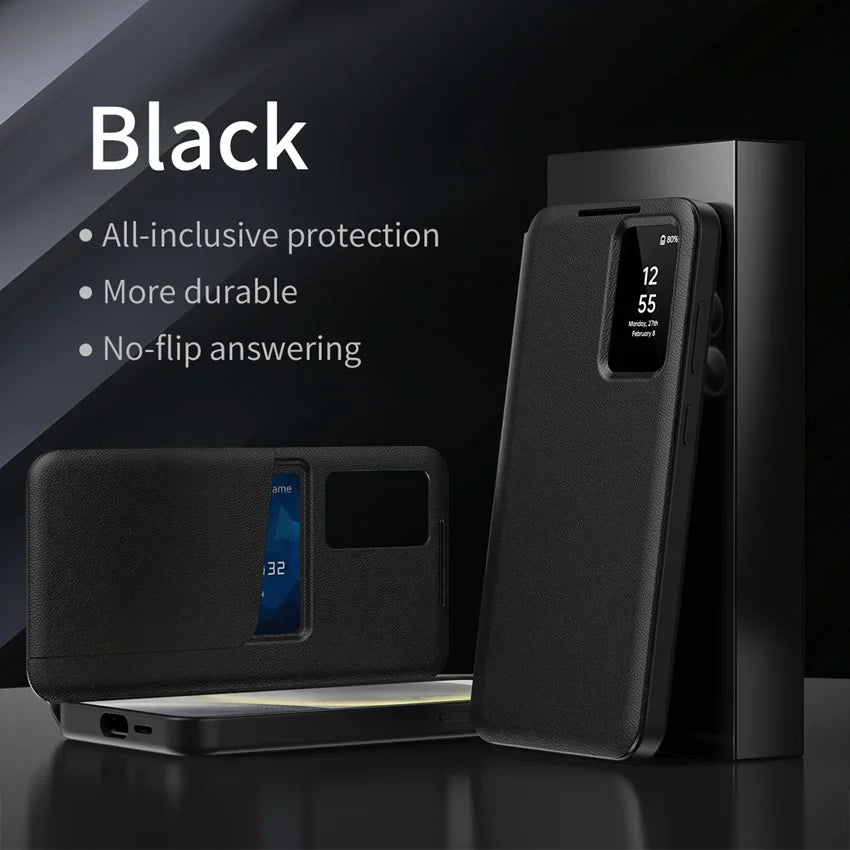 Smart Window View Leather Flip Case for Samsung Galaxy S26 S25 S24 S23 Ultra Plus No-flip Answering Card Holder Slot Book Cover