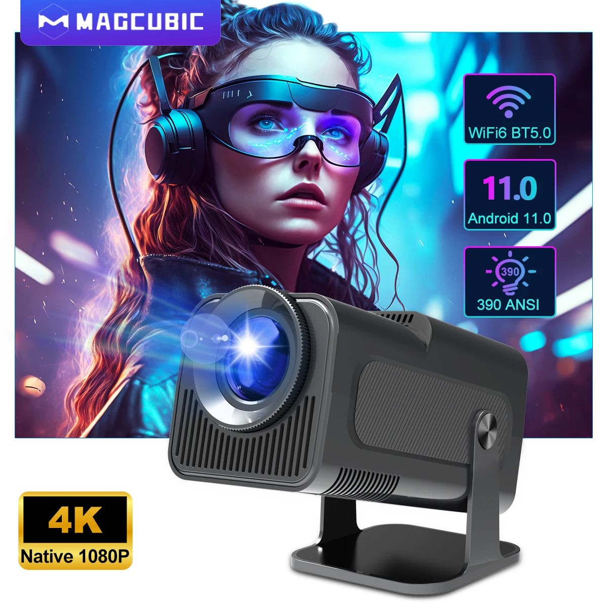 Magcubic Android 11 4K Projector WiFi6 HY320 Allwinner H713 390ANSI BT5.0 1920*1080P Dual WiFi Home Theater Outdoor Portable