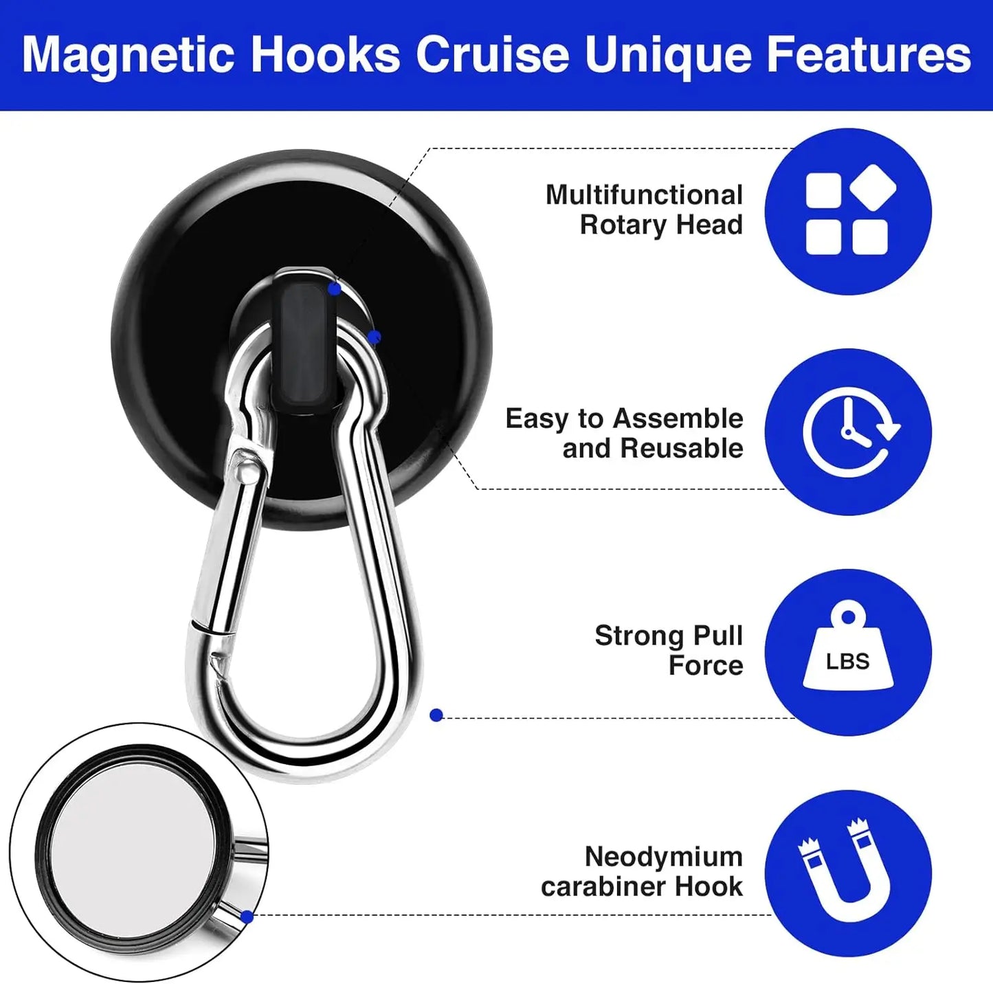 Magnetic Hooks Heavy Duty Black Magnet Hooks with Swiveling Carabiner for Hanging Refrigerator Strong Large Neodymium Magnet
