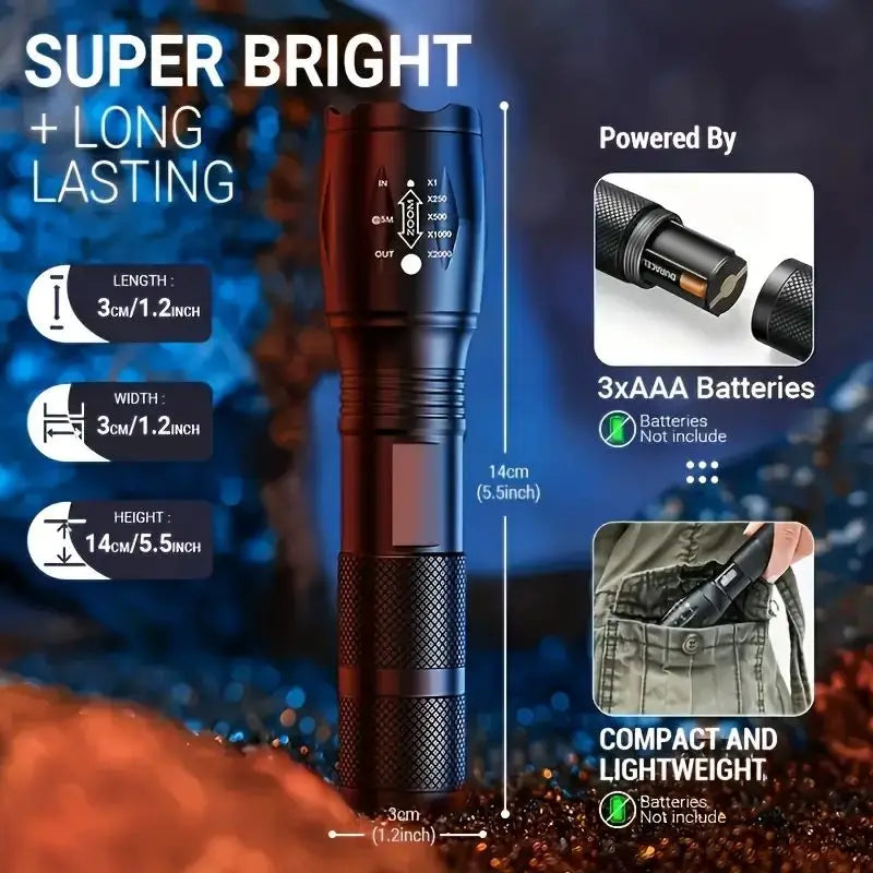 High Power Flashlights LED Strong Tactical Torch Self Defense Aluminum Alloy Waterproof Zoom Outdoor AAA Battery Powered 5 Modes