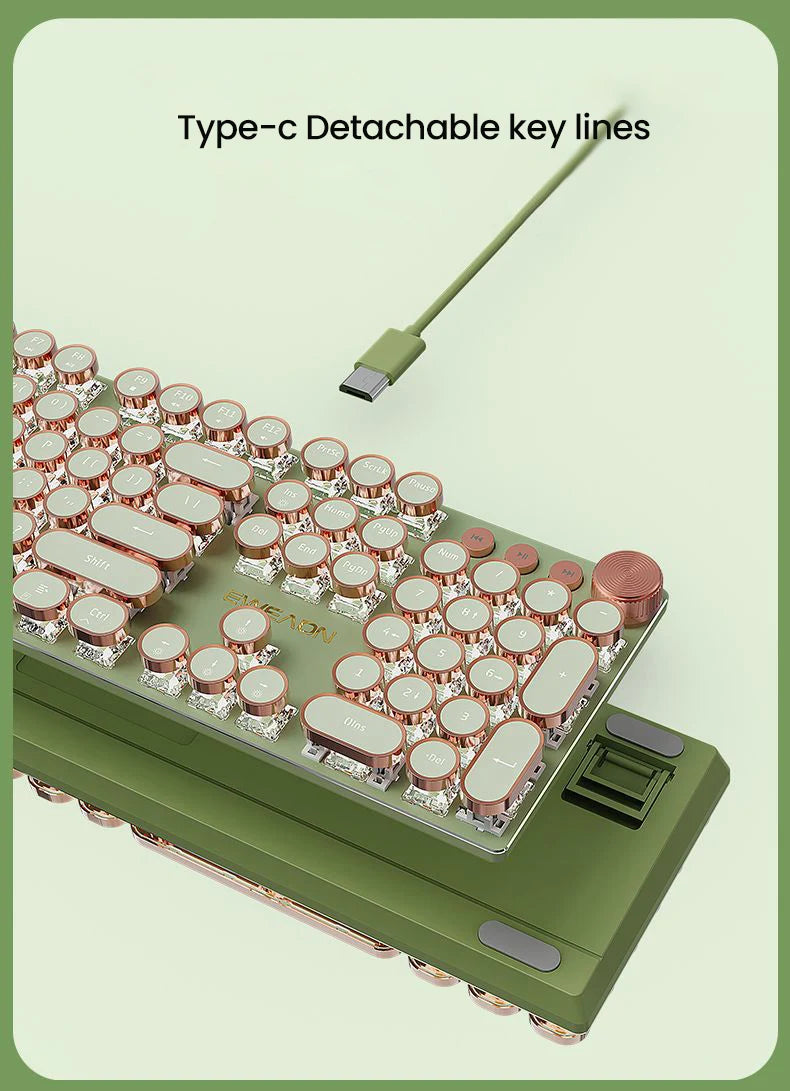 EWEADN V20 Punk Typewriter Mechanical Gaming Keyboard, 104 Keys Round Keycaps LED White Backlit, Key-wire separation design