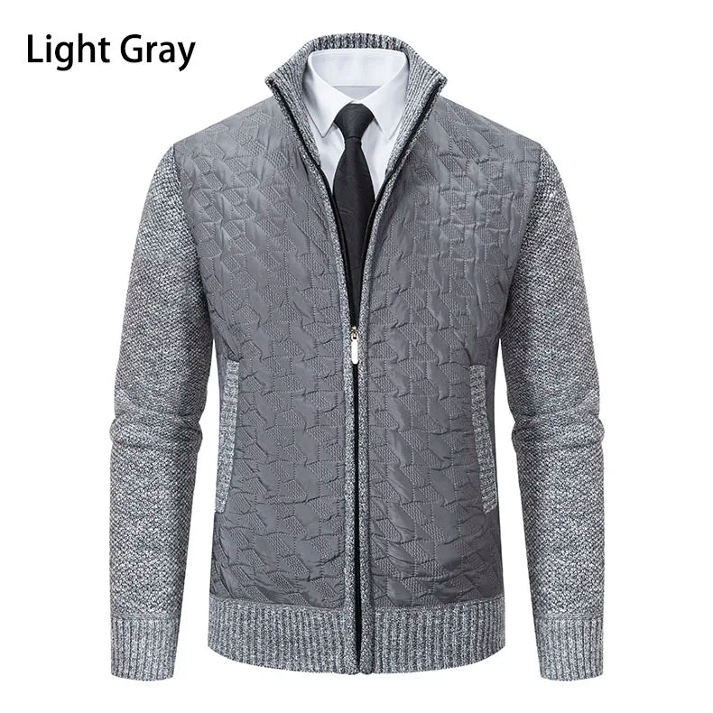 Mens Sweaters Jacket Full Zip Fleeced Sweater Cardigan Plaid Stand Collar Sweaters Coat Autumn Winter Homme Clothes