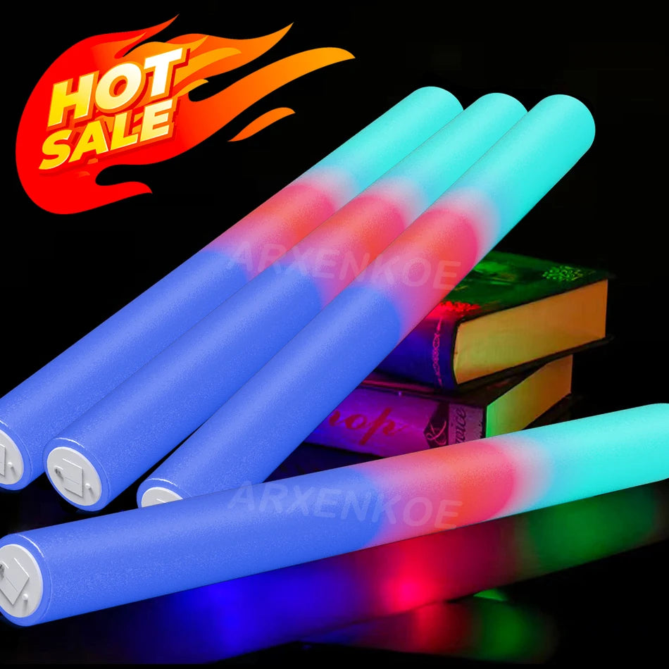 12 Pcs LED Foam Glow Sticks Bulk Colorful RGB Light Up Sticks Glow in The Dark Party Supplies for Wedding Birthday Rave