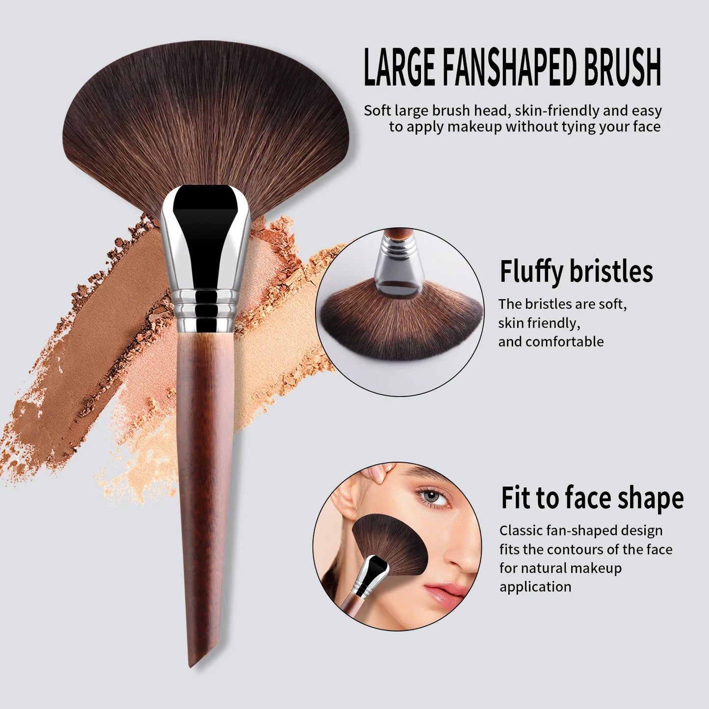 1pc Professional Fan Paint Brush Long Wood Handle High-Quality Nylon Hair Soft Goat Hair Blusher Sculpting Highlight Make Up Bru