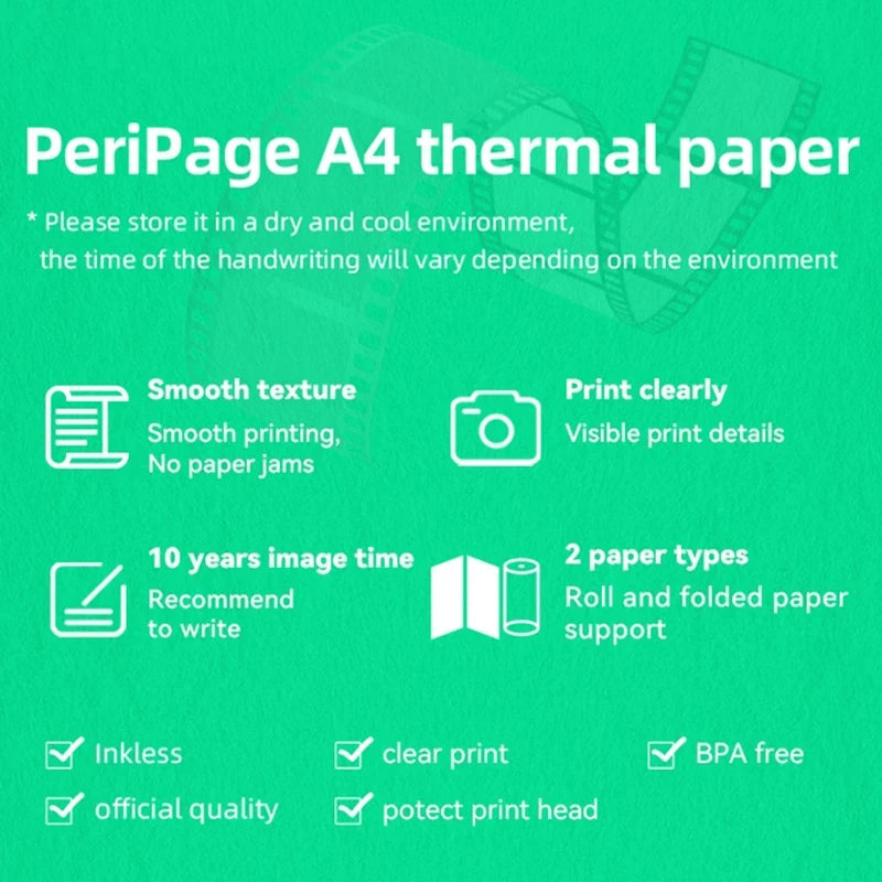 PeriPage A40 Printer Long-term Quick-dry A4 Fold Roll Thermal Paper For Peripage Thermal A4 Paper Photo Picture Receipt PDF File