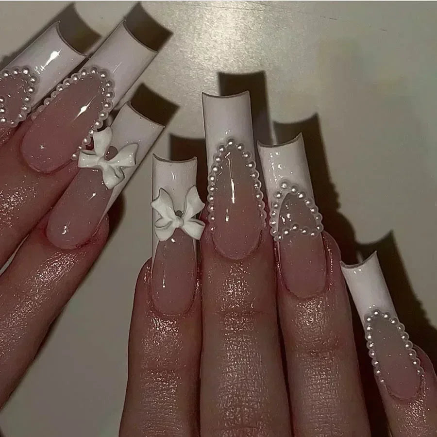 24Pcs Full Cover False Nails with Glue Long Square Coffin Fake Nails French Detachable Ballet Love Pattern Design Press on Nails