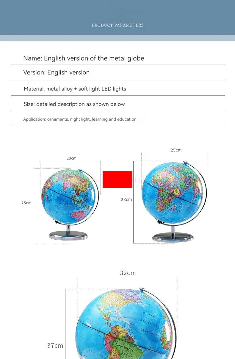 20/25cm World Globe English Version World Map Globe With Led Light Geography Educational Teaching Decorations Supplies