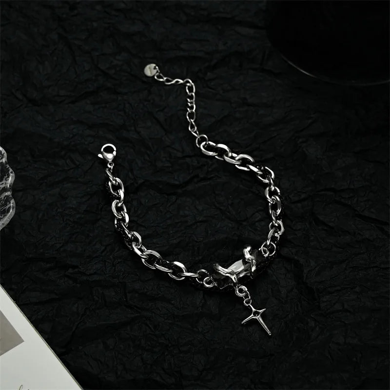 2024 Retro Black Zircon Star Bracelet for Women Men Trend Titanium Steel Punk Chain Unisex Jewelry New Couple Accessories