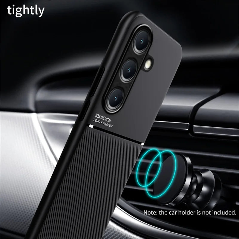 Car Magnetic Holder Leather Plate Phone Case for Samsung Galaxy S25 S22 S23 S24 Ultra Plus Edge S21 S20 FE 5G Soft Back Cover