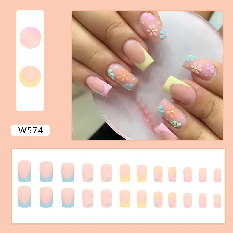 Gold Pink Wine Red 24 Pcs Fake Nail with Jelly sticker Press on False Nails Wearable Round Head Oval Full Cover Nail Tips