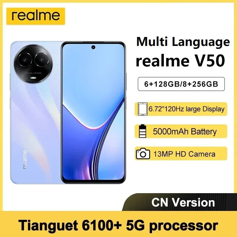 Global Rom Multi Language Realme V50 5G Smartphone 6.72" FHD+ 120Hz 5000mAh 18W Fast Charging 13MP Camera Android Smart Phones