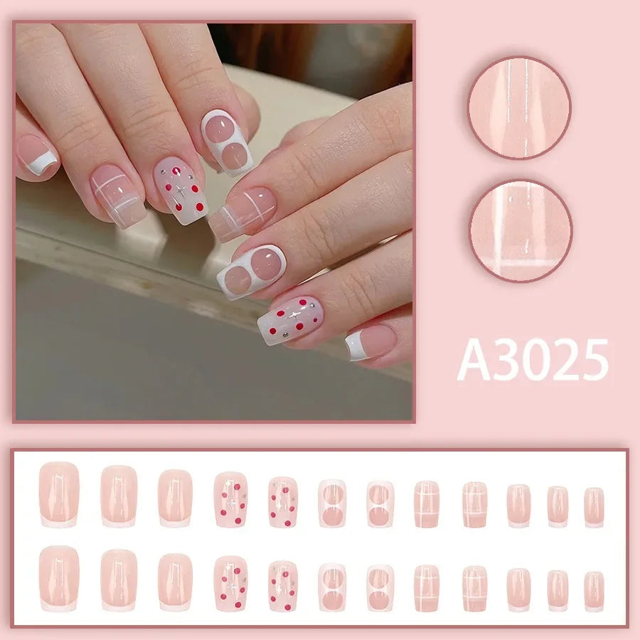 Watercolor Rose Fake Nail with Jelly sticker Press on False Nails Wearable Round Head Oval Full Cover Nail Tips