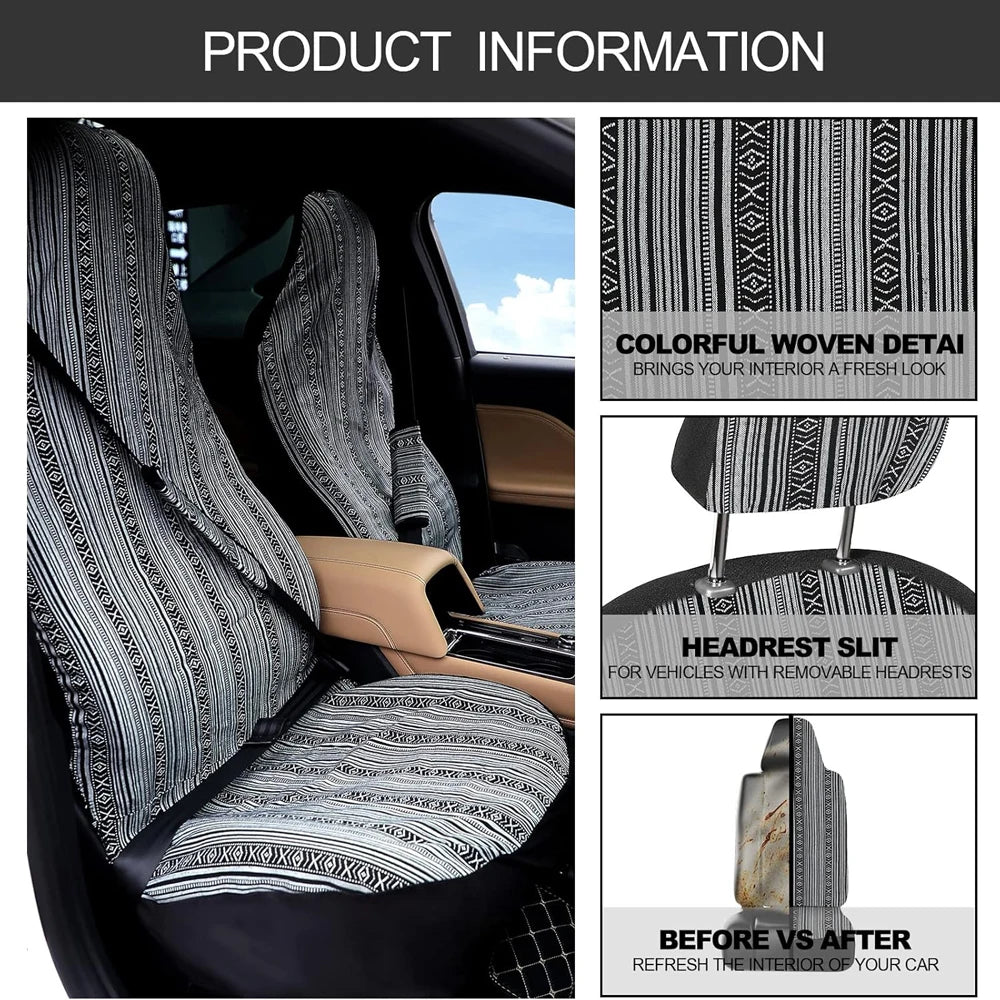 5mm Universal Size Flax Striped Car Seat Covers with Seat Belt Pads Steering Wheel Cover Full Set Fit For Most Car SUV Van Truck