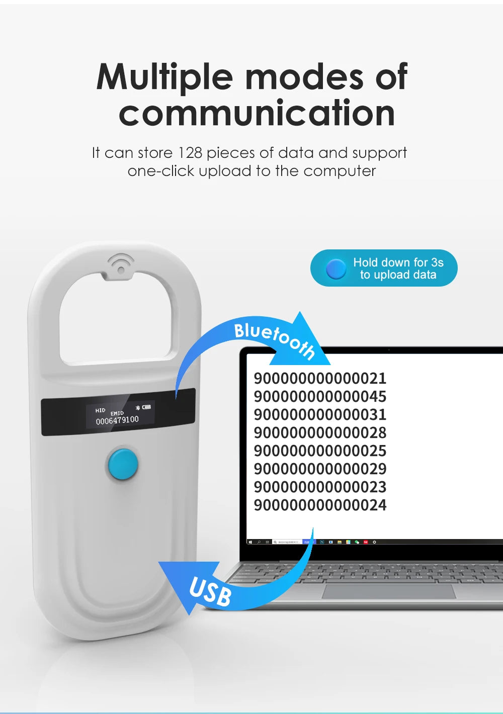 Handheld 134.2KHz 125kHz Animal RFID Reader Pet Cat Dog Microchip Scanner FDX-B Glass Chip USB/Bluetooth Tag Reader with Tags