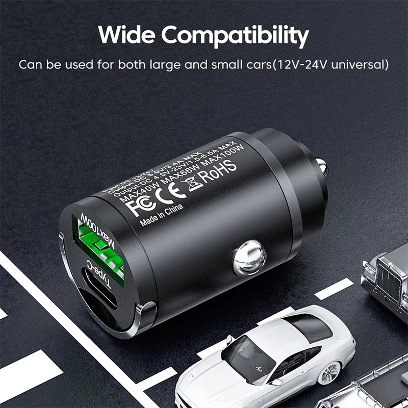 Mini 100W PD QC3.0 Car Charger Pull Ring Fast Charging For iPhone 15 14 USBC Car Phone Charger Adapter For Xiaomi Samsung Huawei