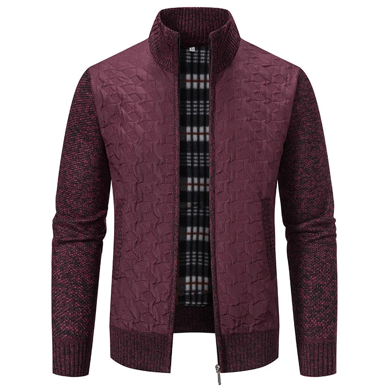Mens Sweaters Jacket Full Zip Fleeced Sweater Cardigan Plaid Stand Collar Sweaters Coat Autumn Winter Homme Clothes