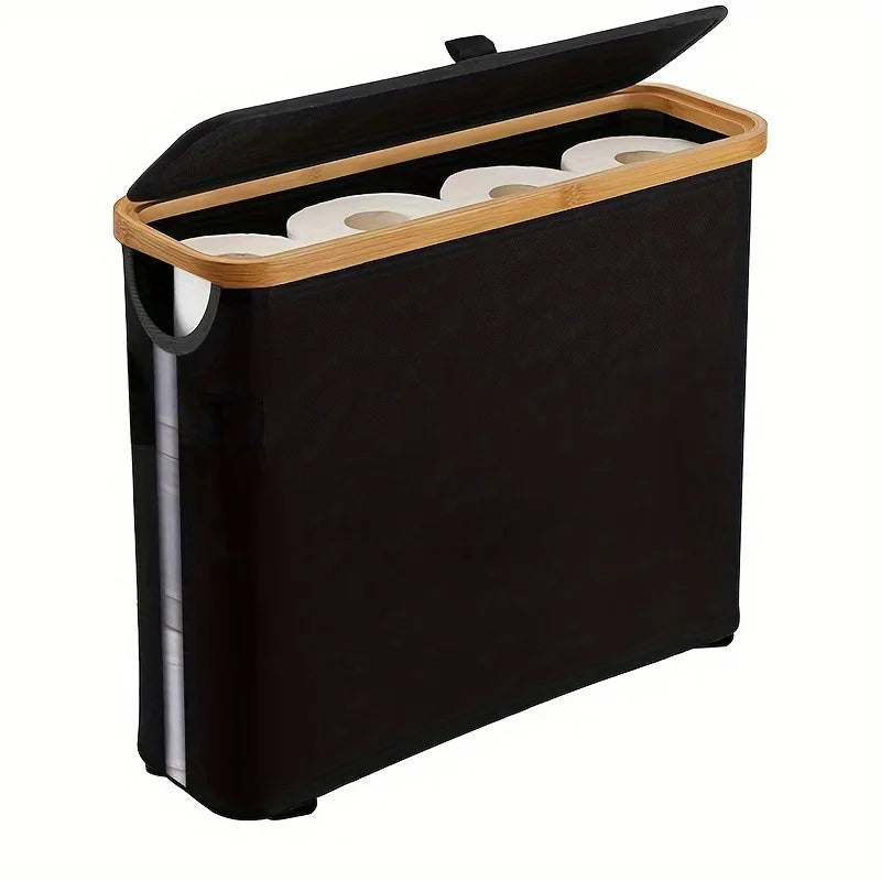 1 Storage Basket, Storage Shelf, Large Paper Holder, 12 Rolls Of Toilet Paper, Storage Rack With Lid, Oxford Cloth + Bamboo Stor