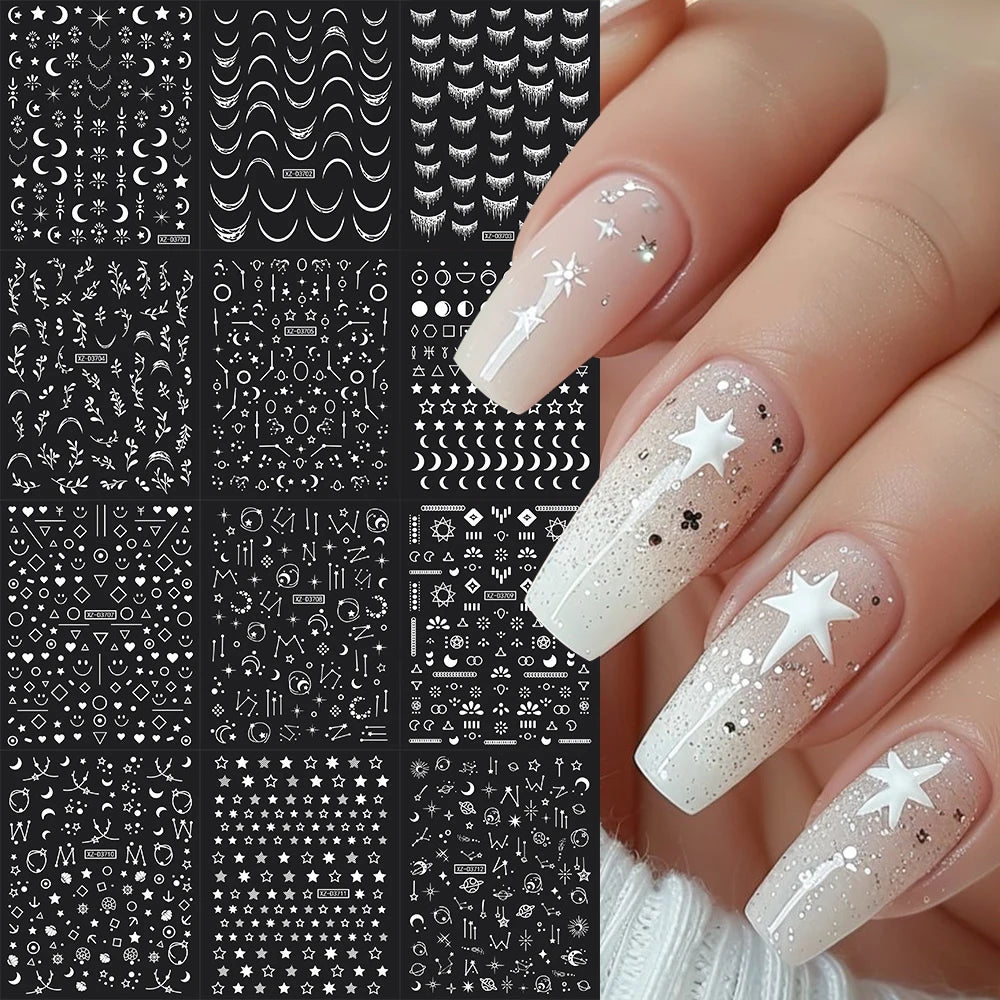 12Pcs Gold/Silver Tasse/Line/Star/Moon 3D Nail Art Stickers Leaf/Geometric Design Self-adhesive Sliders Luxury Manicure Decals