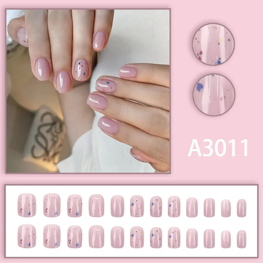 Watercolor Rose Fake Nail with Jelly sticker Press on False Nails Wearable Round Head Oval Full Cover Nail Tips