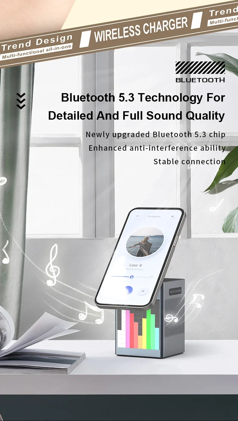 6 in 1 Magnetic Wireless Charger Stand Bluetooth Speaker Alarm Clock For Magsafe iPhone 16 15 14 Pro Max Airpods Pro Apple Watch