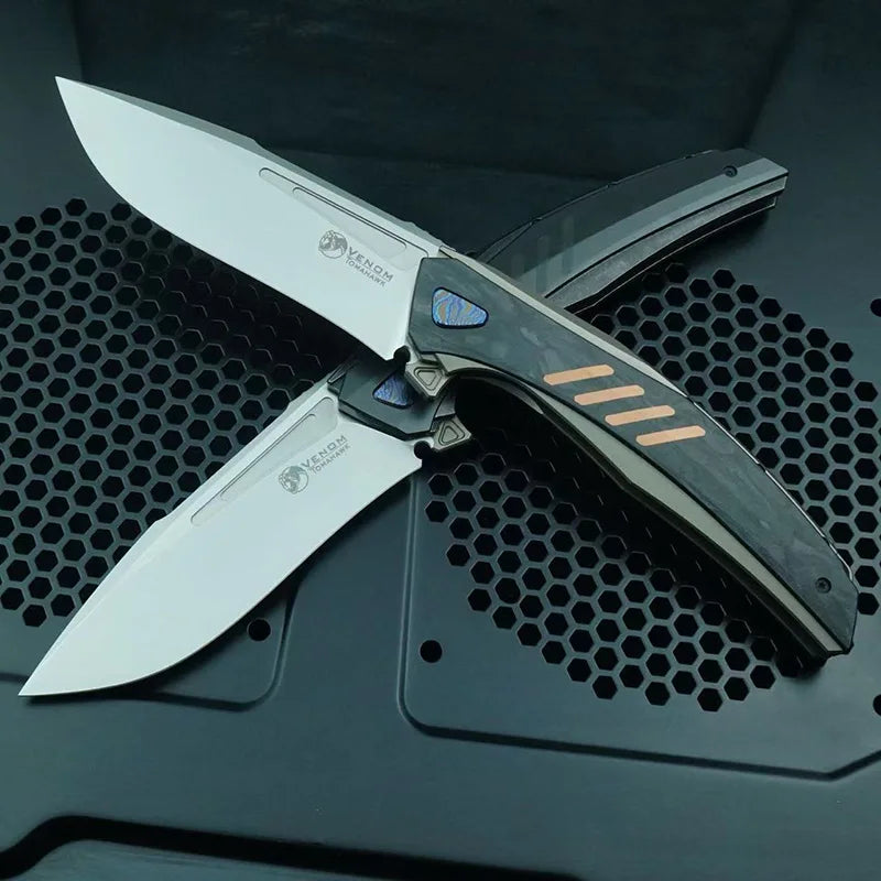VENOM battle axe Flipper Folding Knife M398 Blade Titanium+CF Handle  Outdoor Camping Hunting Fishing Pocket Fruit EDC Tool
