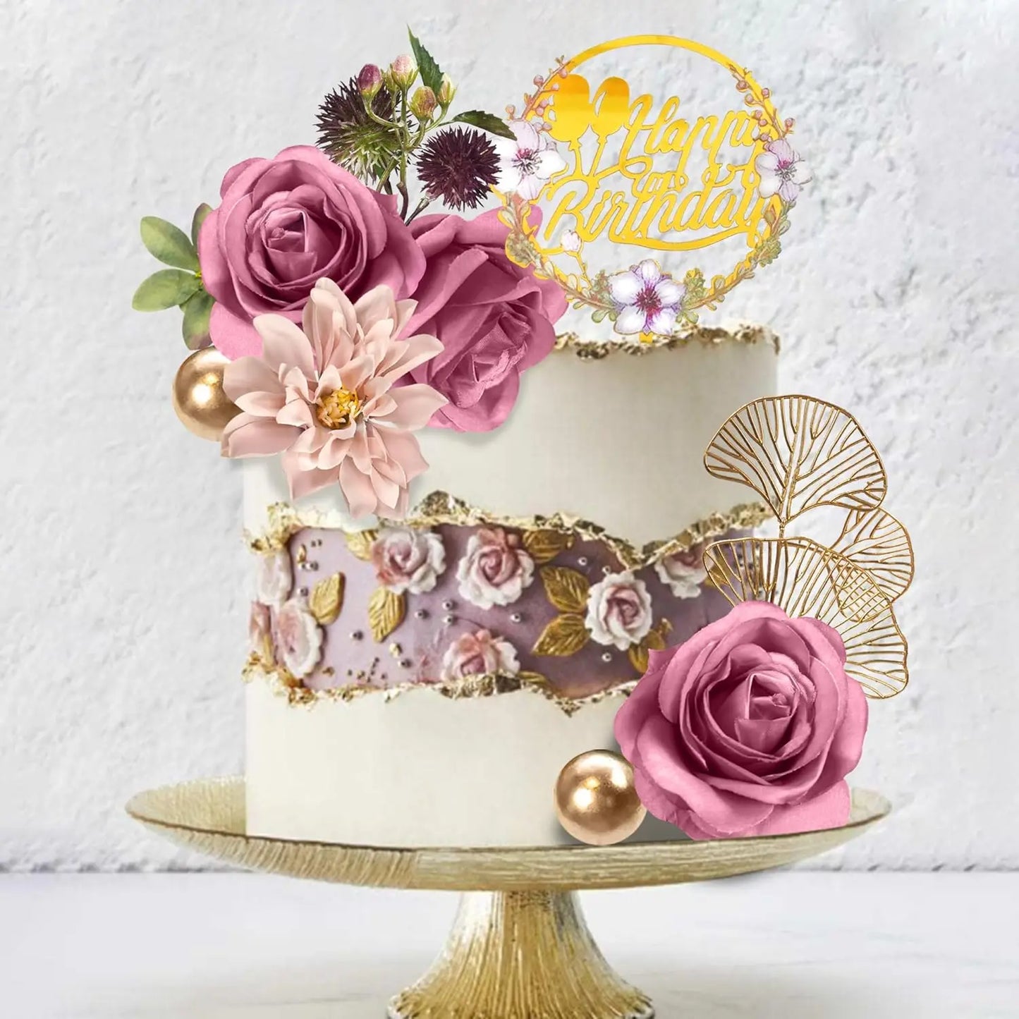 Flower Cake Toppers Happy Birthday Cake Toppers with Artificial Purple Rose Flowers Eucalyptu Leaves for Birthday Wedding Party