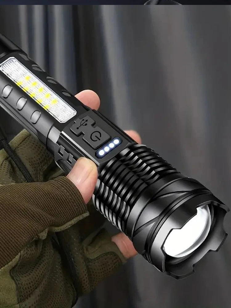 XHP50 High Power LED Flashlight Tactical COB Side Light Zoomable Torch Aluminum Alloy USB Rechargeable Waterproof self-defense