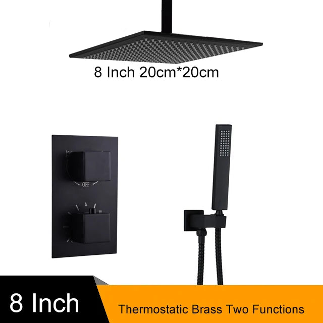 Matte Black Thermostatic Shower Faucet with Rainfall Head And Bathtub Spout Wall-Mounted Concealed Brass Shower  for Bathroom