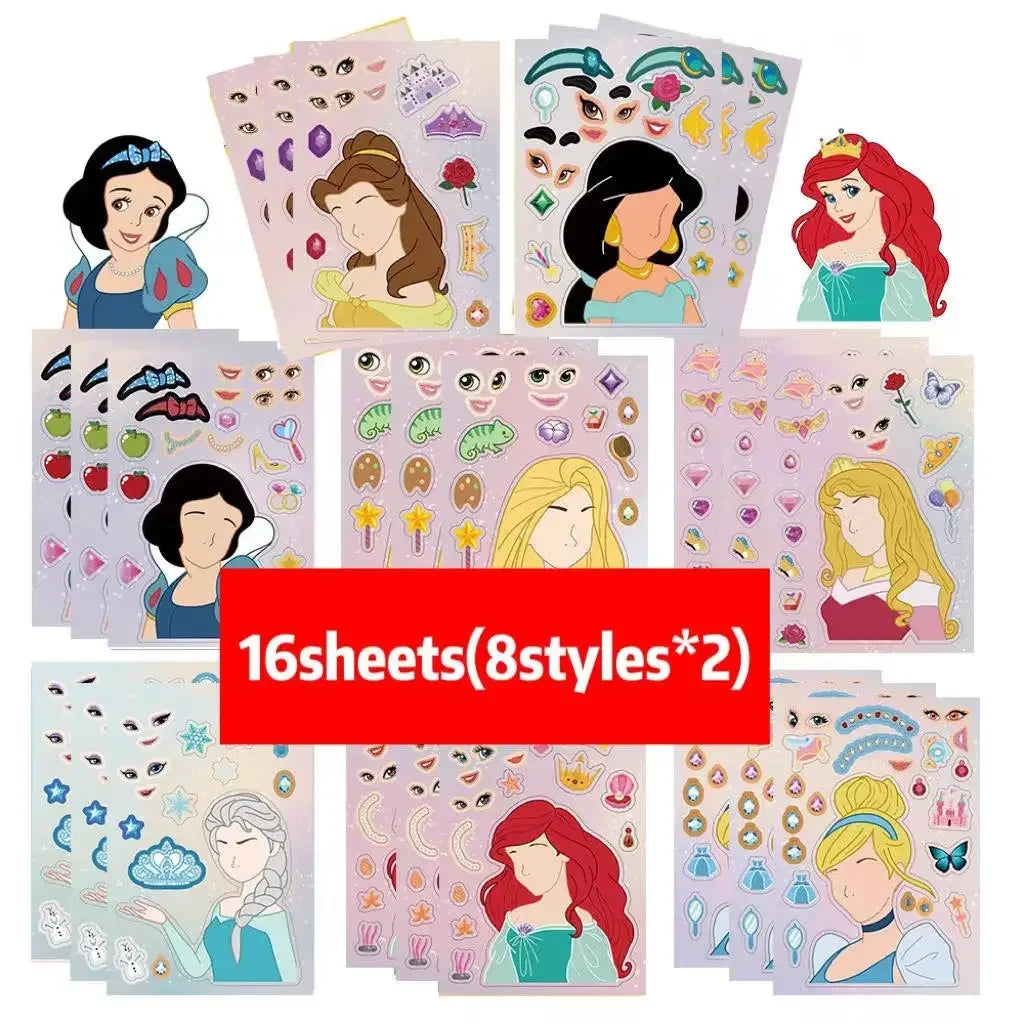 8/16Sheets Disney Micke Puzzle Stickers  Children DIY Make-a-Face Funny Assemble Jigsaw Cartoon Sticker Kids Educational Toys