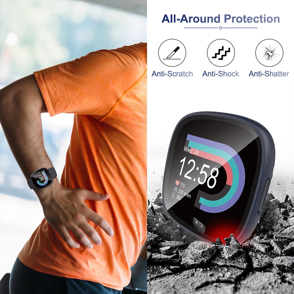 Screen Protector for Fitbit Versa 4/Sense 2 Hard PC Bumpe Protective HD Tempered Glass Case All-Around Full Cover Bumper Shell