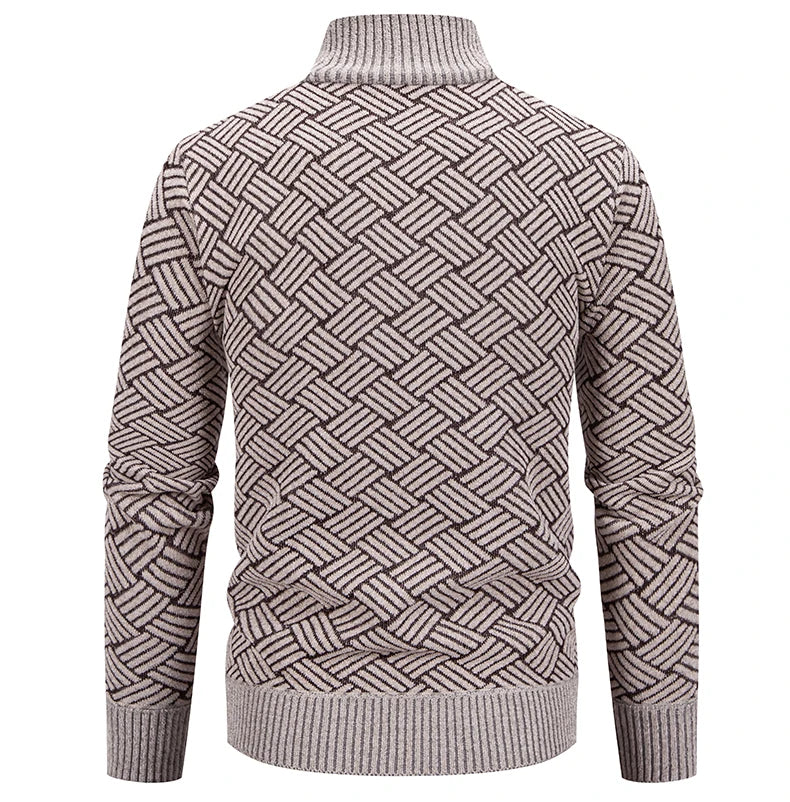 Mens Sweaters Jacket Full Zip Fleeced Sweater Cardigan Plaid Stand Collar Sweaters Coat Autumn Winter Homme Clothes