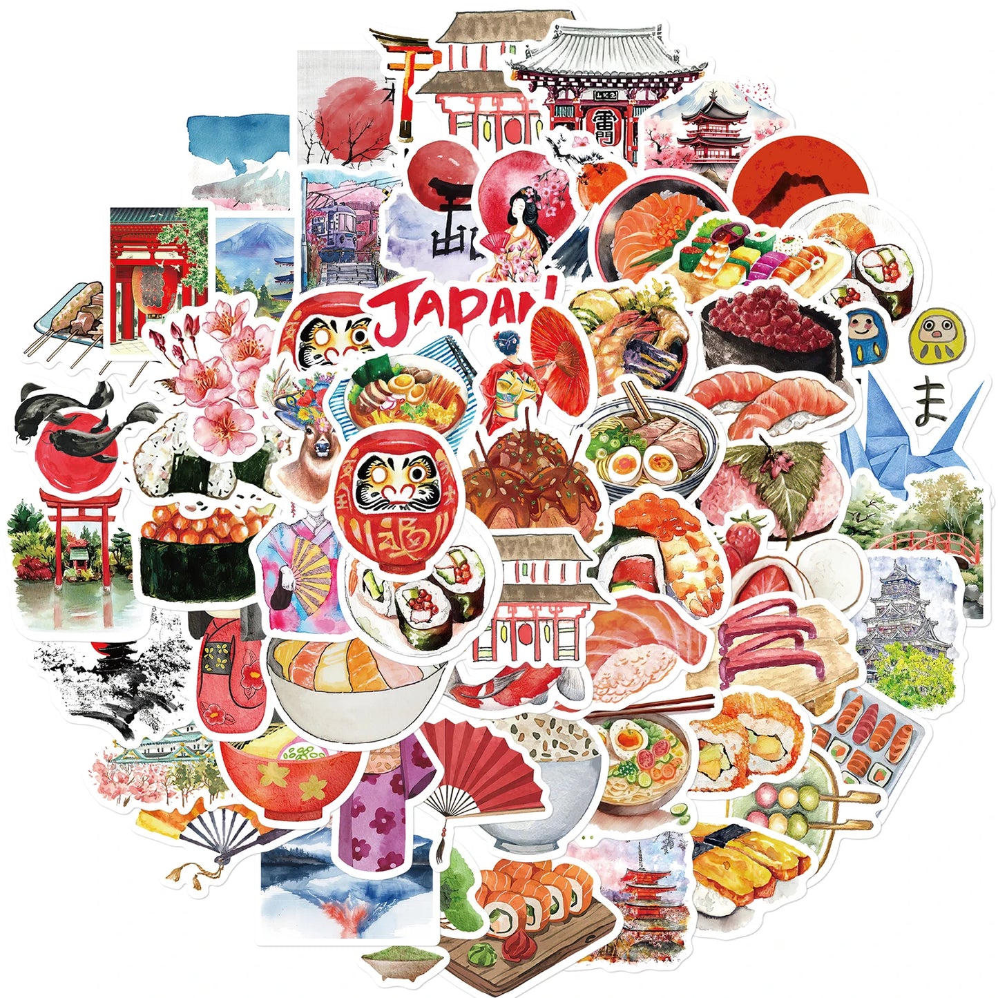 64PCS Japanese Travel Retro Style Architecture Food Stickers Exquisite Handmade Material Phone Case Laptop Decoration