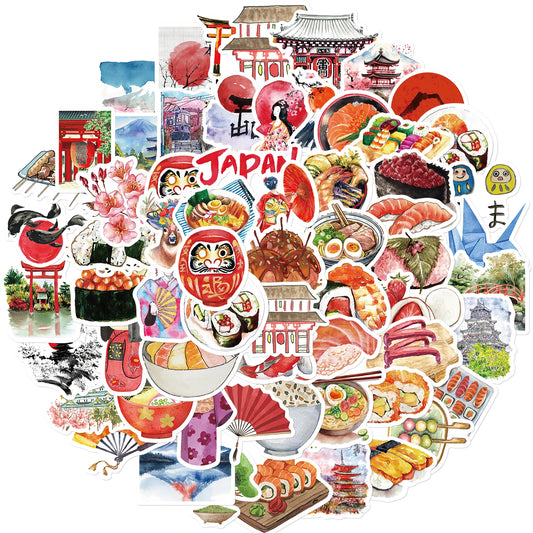 64PCS Japanese Travel Retro Style Architecture Food Stickers Exquisite Handmade Material Phone Case Laptop Decoration