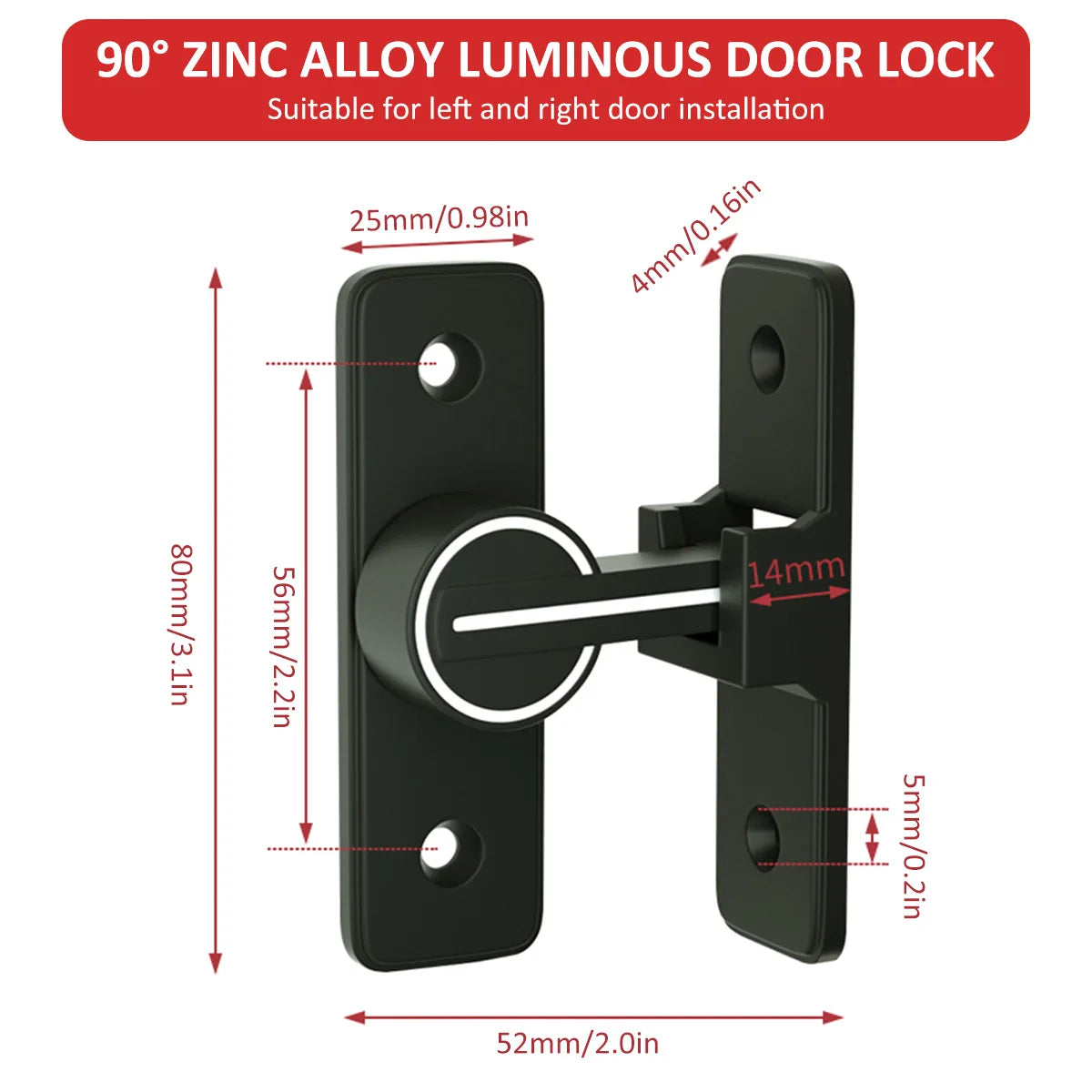 Luminous Door Lock Zinc Alloy 90 Degree Sliding Door Latch Heavy Duty Barn Gate Bolt Protect Privacy Cabinet Closet