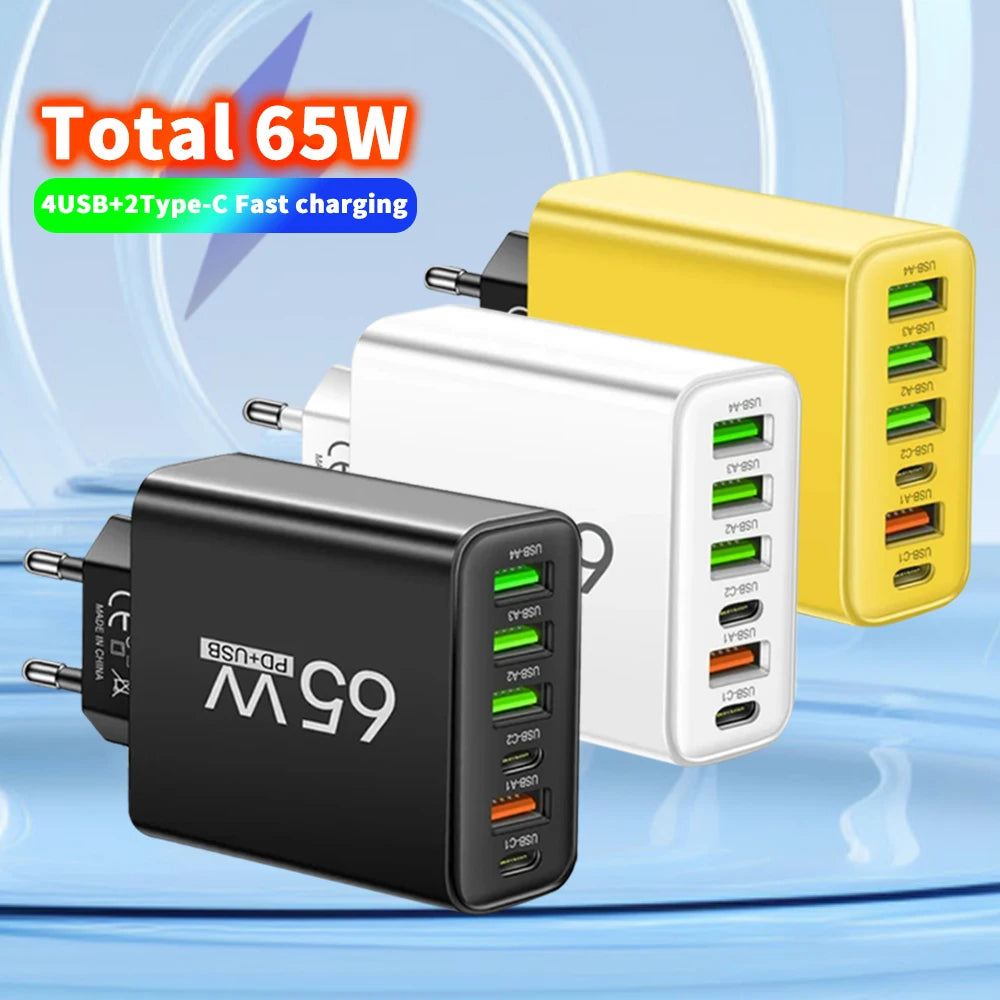 Multi Ports USB Charger 65W 6 in 1 Fast Charging Type C Phone Adapter For iPhone Samsung Xiaomi Huawei EU/US Plug Wall Charger