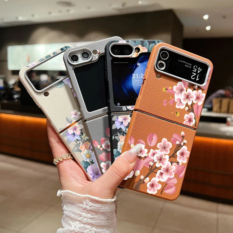 For Samsung Galaxy Z Flip 7 FE 6 5 3 4 Leather Texture Phone Case Floral Flower Soft TPU Folding Cover For Samsung Z Flip5 Flip6