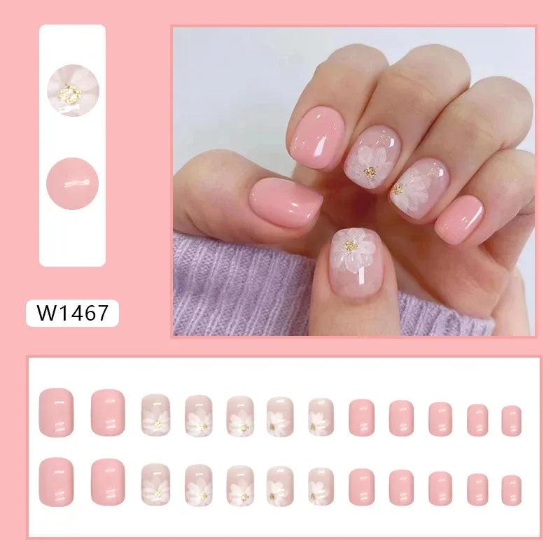 Gold Pink Wine Red 24 Pcs Fake Nail with Jelly sticker Press on False Nails Wearable Round Head Oval Full Cover Nail Tips