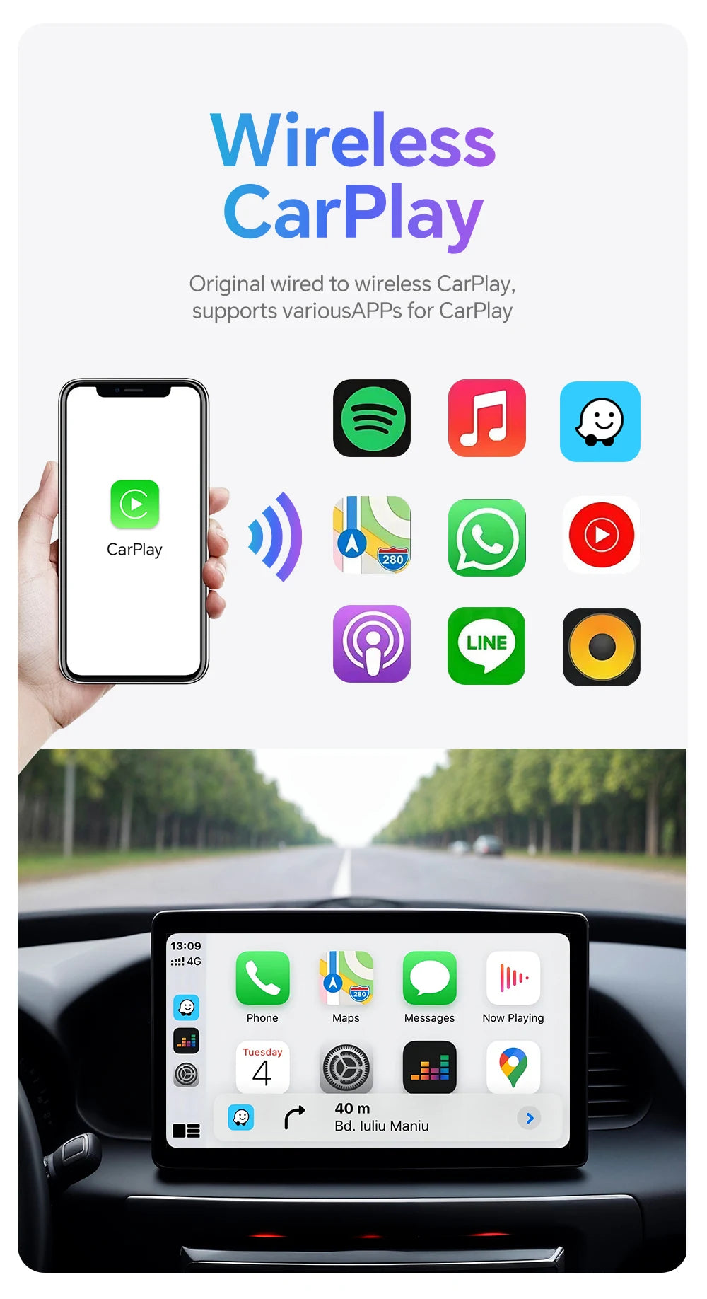 Mini Box Wired to Wireless CarPlay and Android Auto 5GHz WiFi5 Transmission Speed Plug and Play Fashionable and Portable
