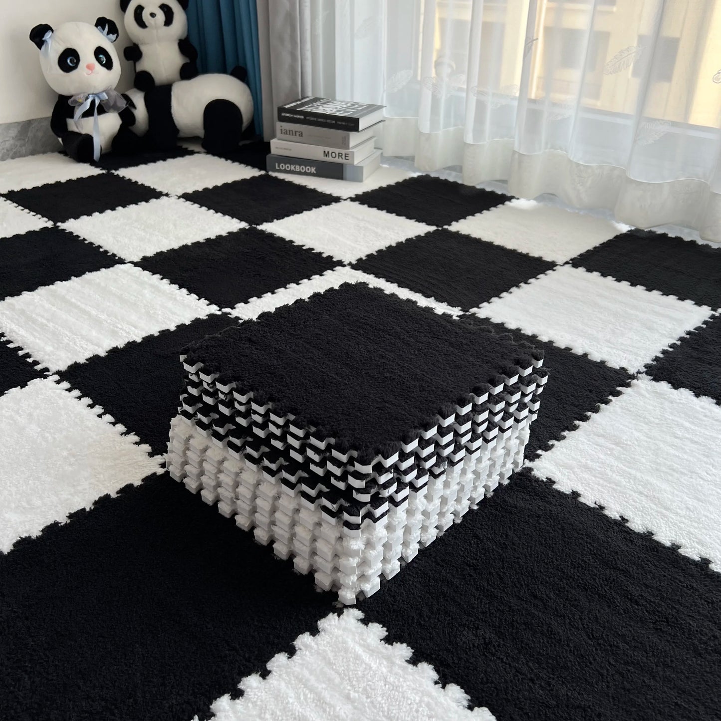 12Pcs Interlocking Carpet Tiles 11.8"x11.8", Washable Non-Slip EVA Polyester Floor Mat, Cuttable DIY Bedside Rug