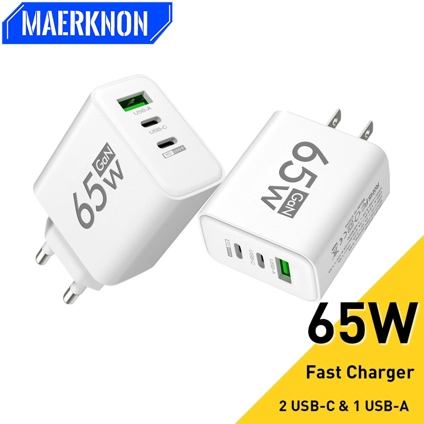 65W GaN USB PD Charger 3 Ports Fast Charging Type C Mobile Phone Adapter Quick Charger3.0 For iPhone 15 14 Samsung Xiaomi Huawei