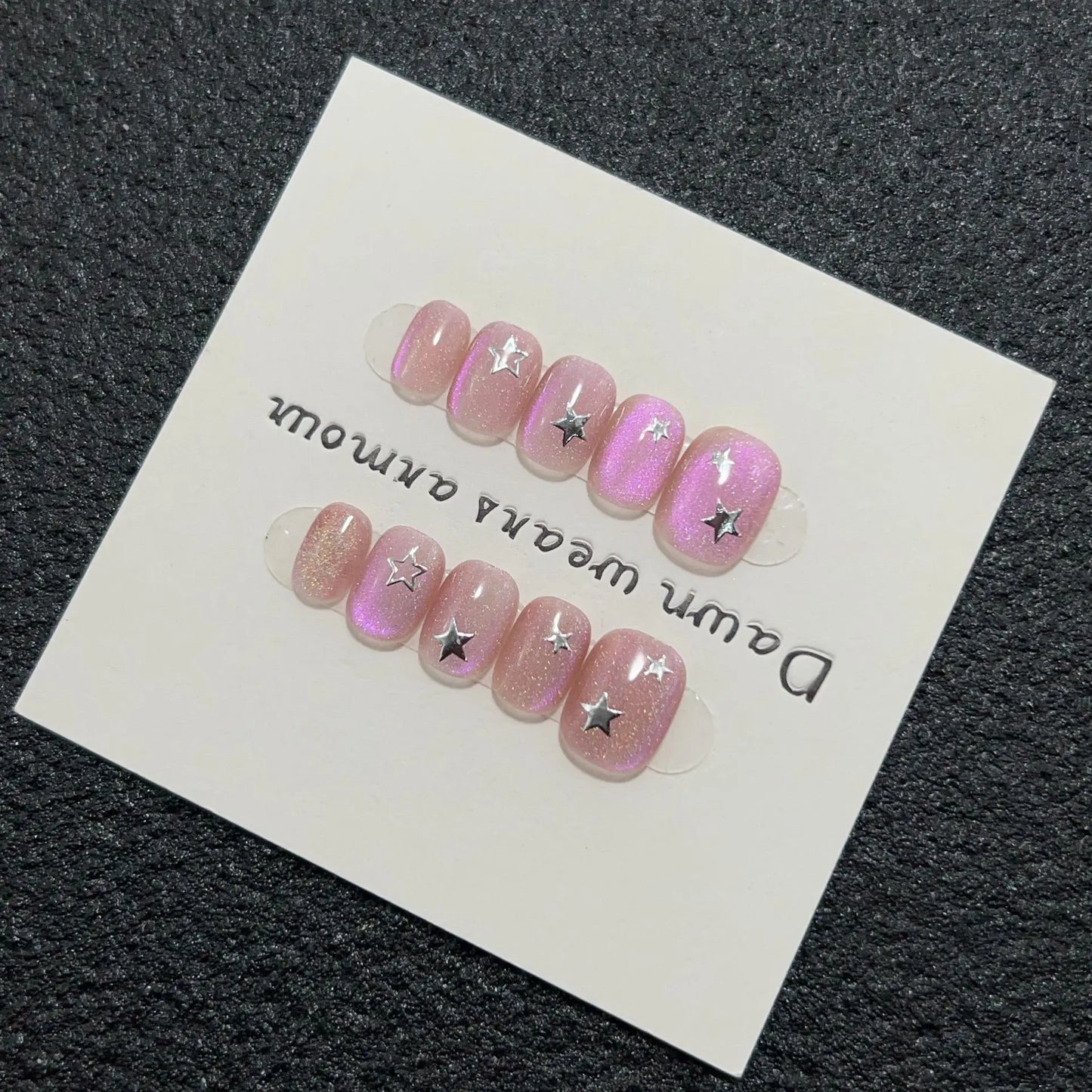 Handmade Fake Nails Pink Press on Nails Short Nail Tips Decorated Glitter Nail Art Cat-Eye Design Bling False Nails in Box