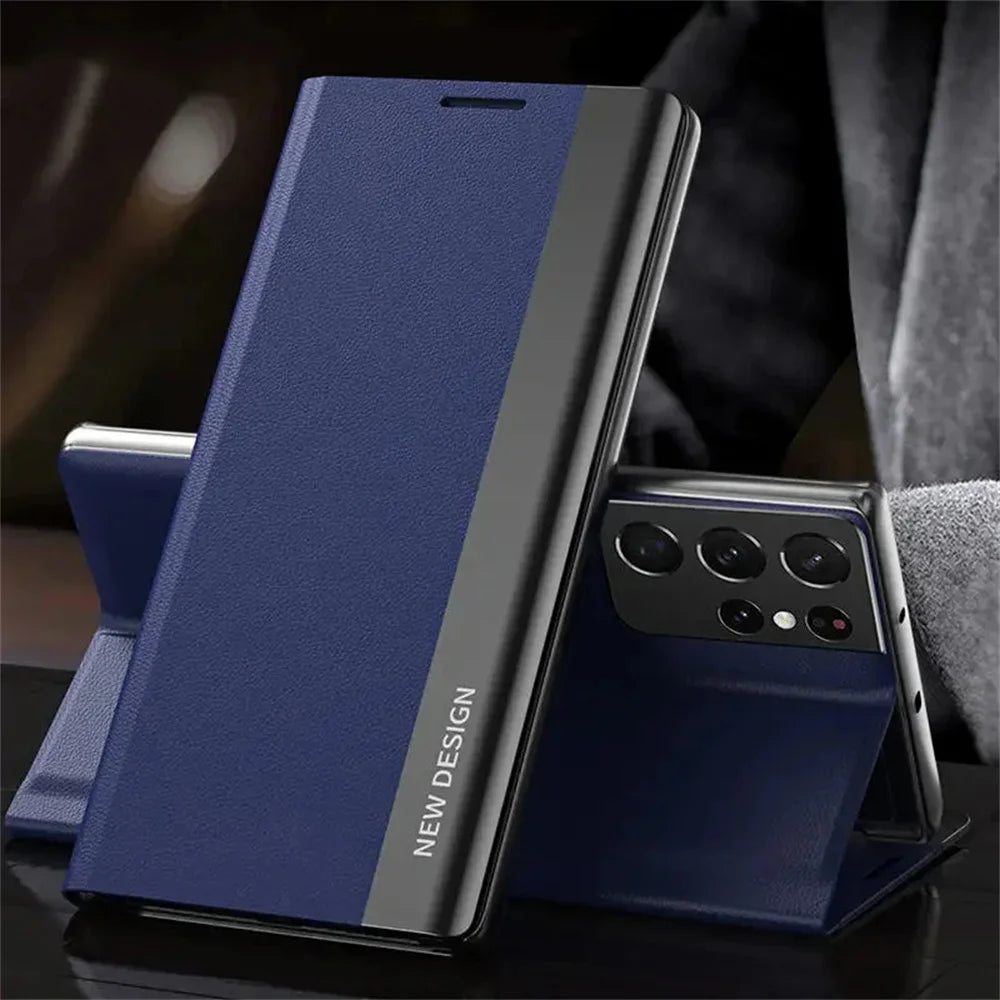 Stand Flip Phone Case For Samsung S26 S25 S24 S23 S22 S21 S20 FE Ultra Leather Plating Back Cover On Galaxy S26 S25 Plus Funda