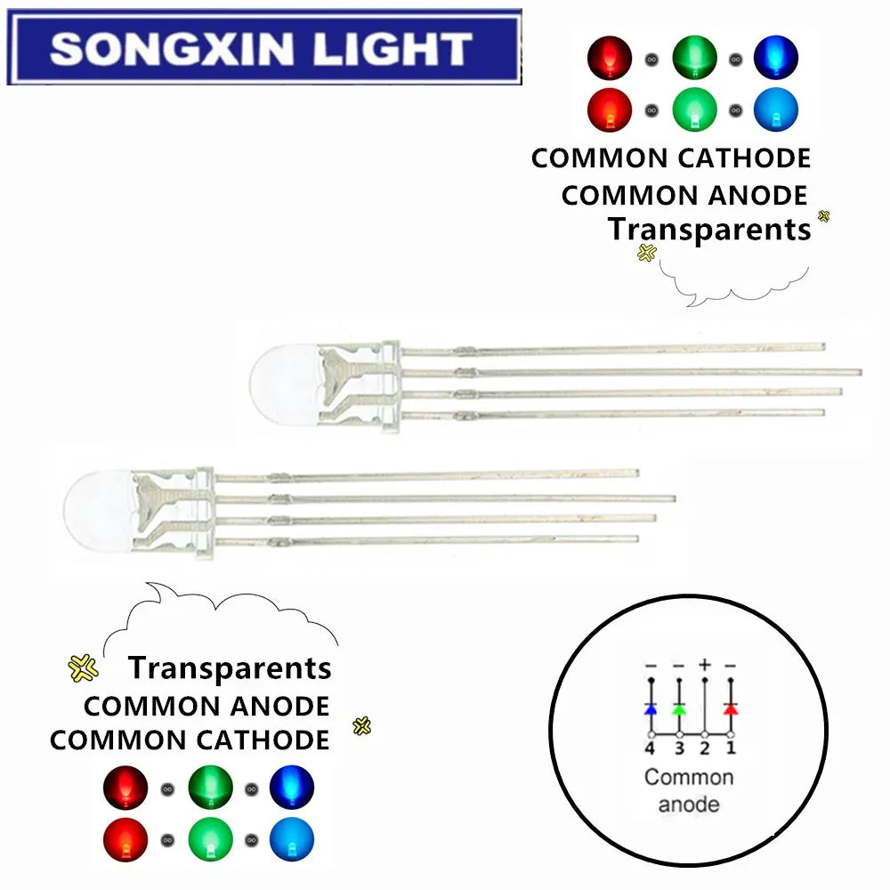 SONGXIN 100pcs 5mm RGB LED Common Cathode / Common Anode Tri-Color Emitting Diodes f5 RGB Diffused / Transparent Highlight